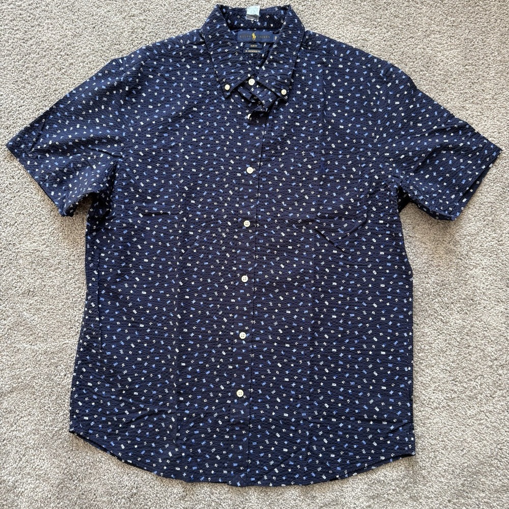 Polo Ralph Lauren Mens XL Slim Fit RL Untucked SEERSUCKER Flag Pony Shirt Blue